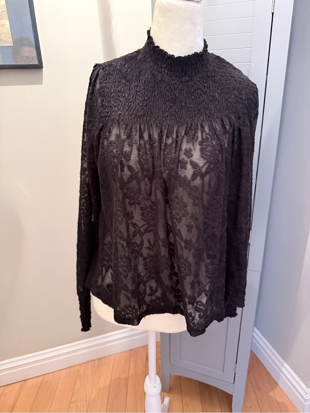 Deletta Black Lace Smocked Yoke Long-Sleeve Top